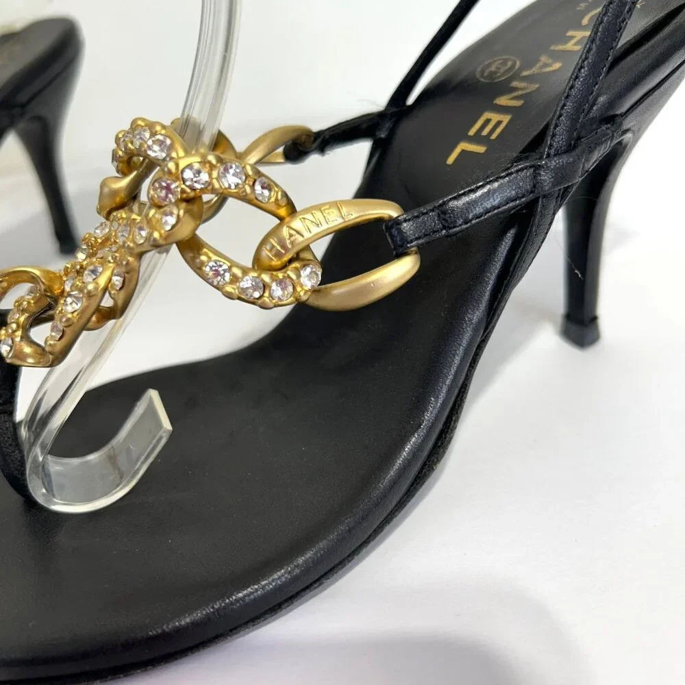 Chanel Sz 36 Black Leather Slingback Heels With Gold Chain Rhinestone Detail